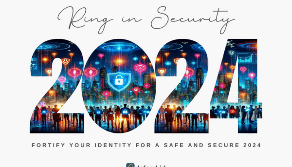 Futuristic cityscape at night, with diverse people holding glowing digital shields representing cybersecurity
