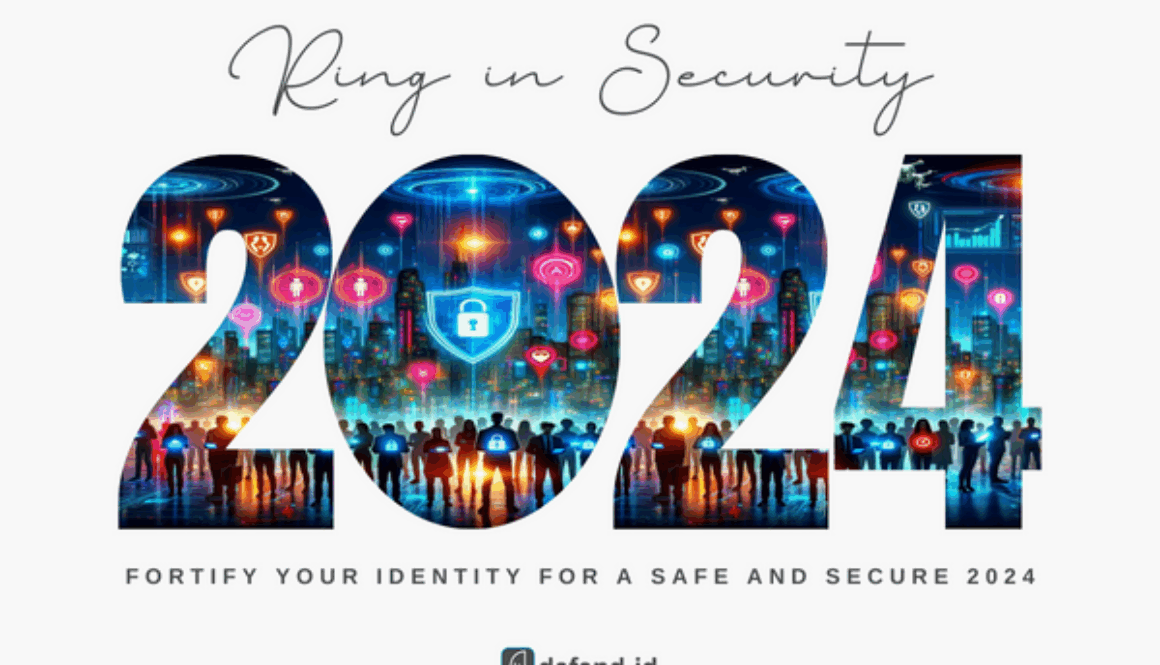 Futuristic cityscape at night, with diverse people holding glowing digital shields representing cybersecurity