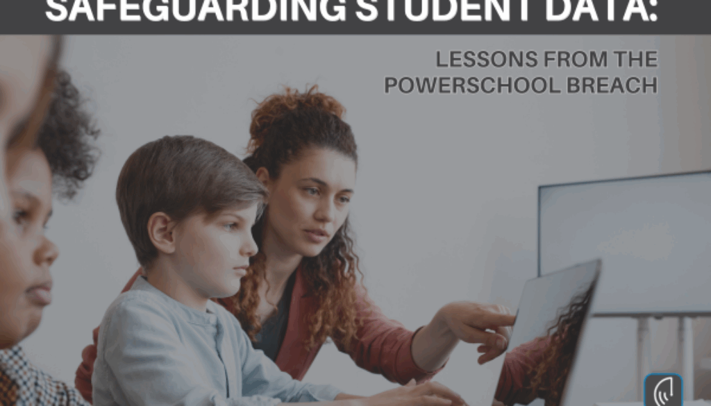Teacher guiding students on a laptop, emphasizing data security and lessons from the PowerSchool data breach.