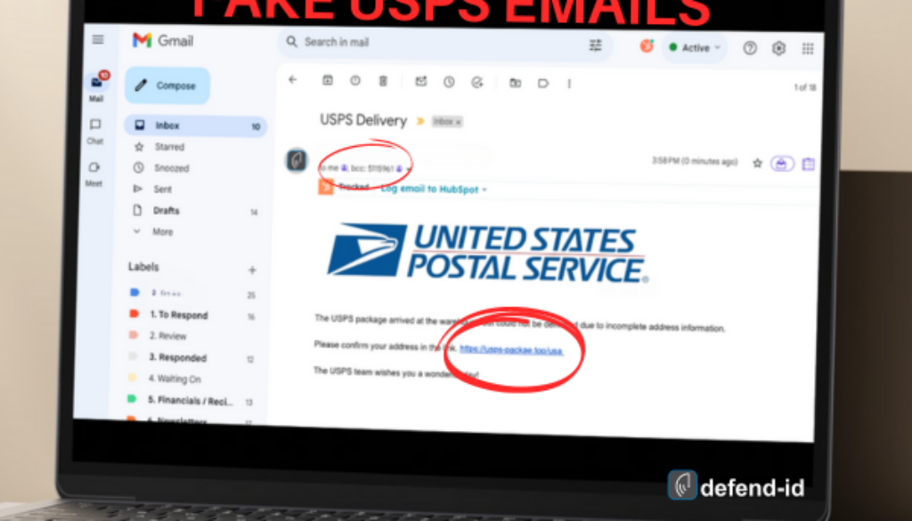 Screenshot of a fraudulent email mimicking a USPS notification displayed on a laptop screen. The email subject line reads 'USPS Delivery.' The body contains a USPS logo, a message about incomplete address information, and a suspicious link. Key elements are circled in red to highlight the scam indicators. The image is labeled 'FAKE USPS EMAILS' at the top.