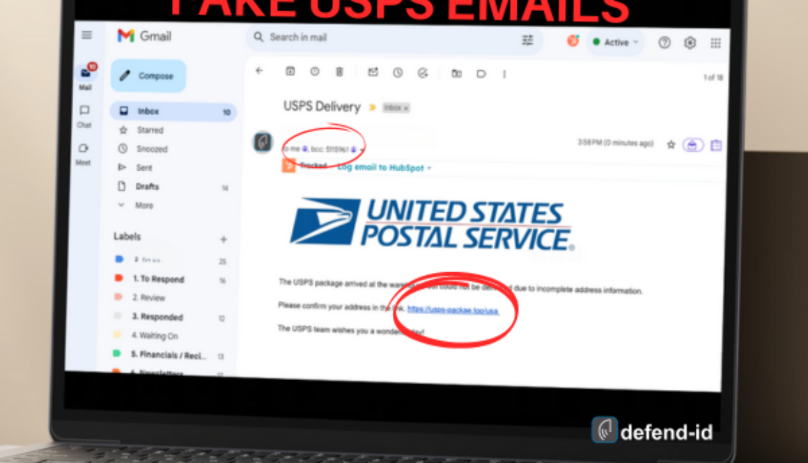 Screenshot of a fraudulent email mimicking a USPS notification displayed on a laptop screen. The email subject line reads 'USPS Delivery.' The body contains a USPS logo, a message about incomplete address information, and a suspicious link. Key elements are circled in red to highlight the scam indicators. The image is labeled 'FAKE USPS EMAILS' at the top.