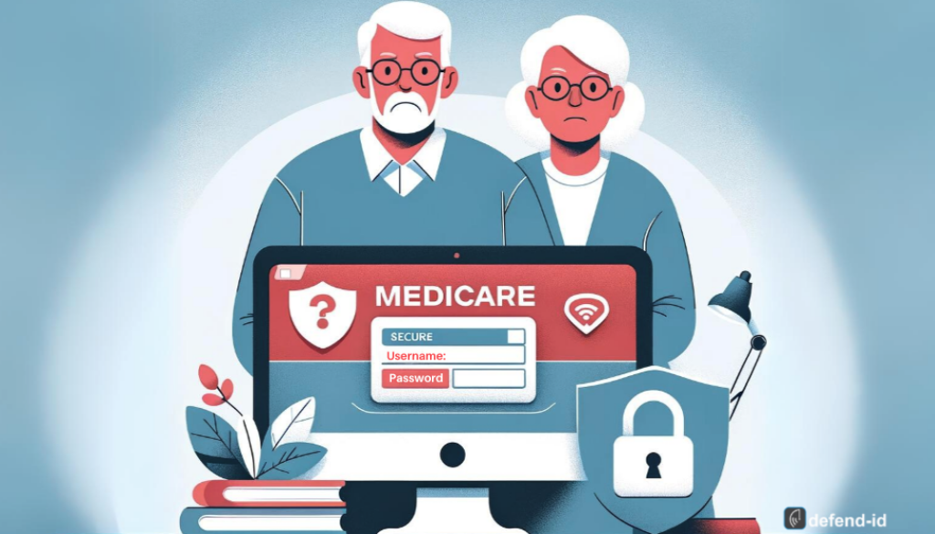 Senior couple at computer, viewing Medicare enrollment page, symbolizing identity theft awareness.