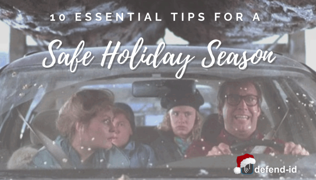 A family in a car carrying a Christmas tree, highlighting the importance of staying safe during the holiday season. Text overlay reads: '10 Essential Tips for a Safe Holiday Season.'