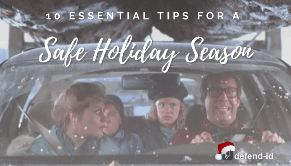 A family in a car carrying a Christmas tree, highlighting the importance of staying safe during the holiday season. Text overlay reads: '10 Essential Tips for a Safe Holiday Season.'
