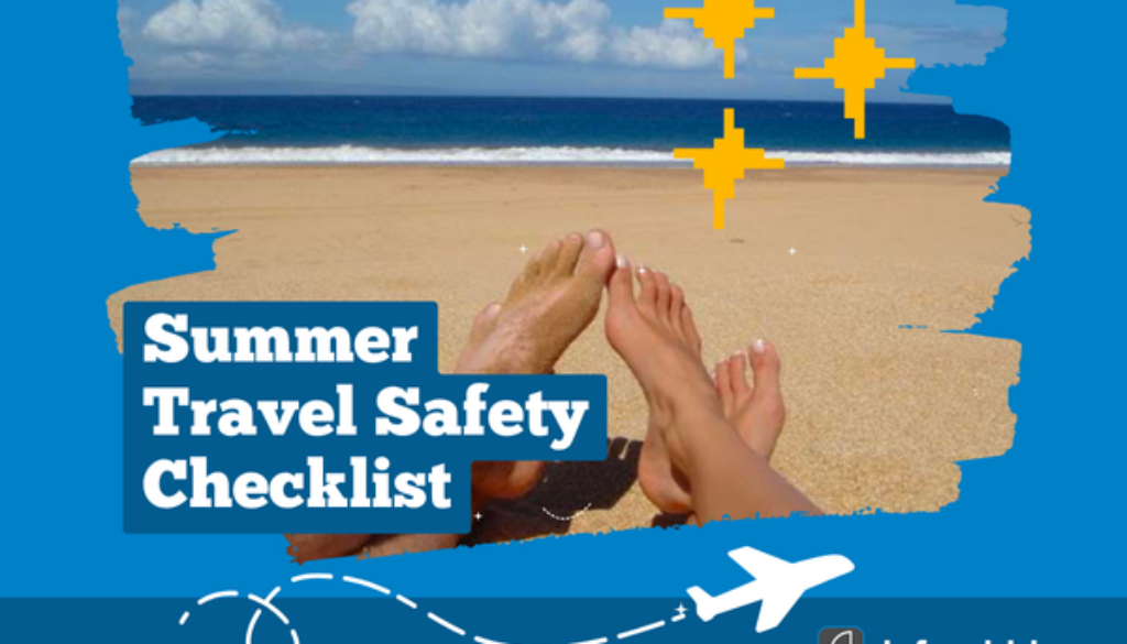 Feet relaxing on a sunny beach with airplane and sparkles, promoting a summer travel safety checklist by defend-id.