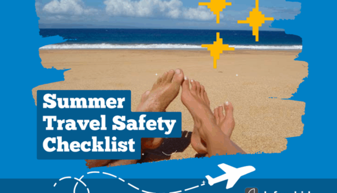 Feet relaxing on a sunny beach with airplane and sparkles, promoting a summer travel safety checklist by defend-id.