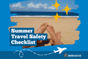 Feet relaxing on a sunny beach with airplane and sparkles, promoting a summer travel safety checklist by defend-id.