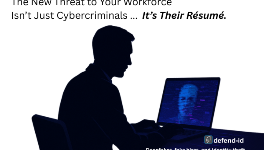 Silhouette of an HR professional reviewing a laptop screen showing a deepfake face, with headline text warning about cyber threats from fake résumés.