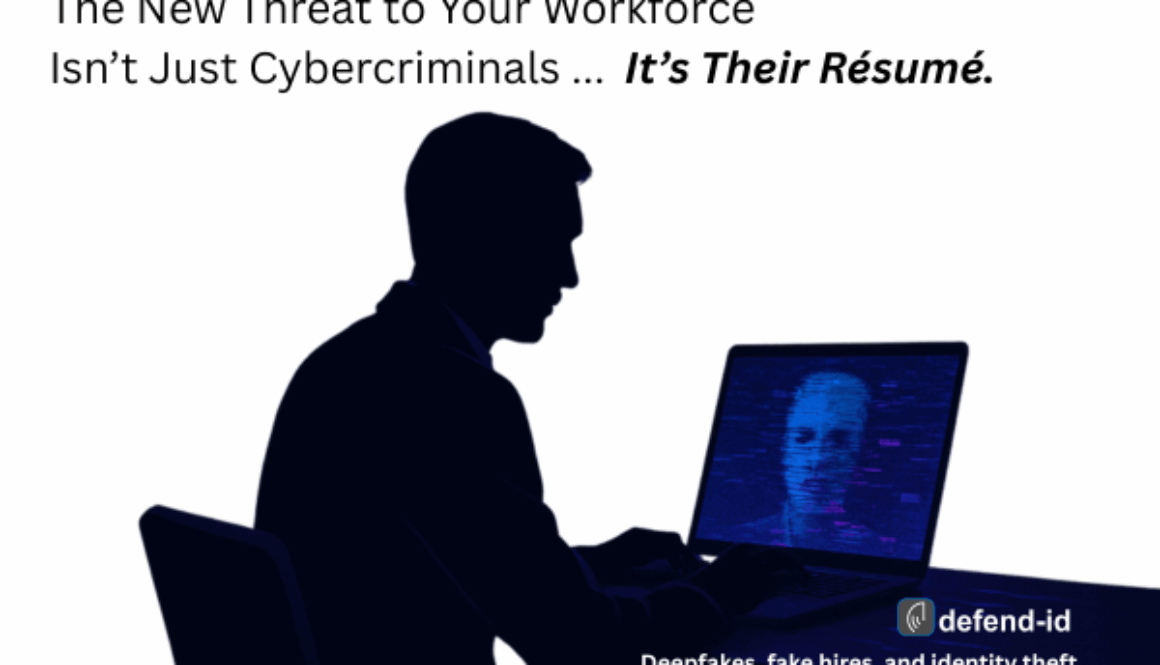 Silhouette of an HR professional reviewing a laptop screen showing a deepfake face, with headline text warning about cyber threats from fake résumés.