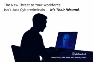 Silhouette of an HR professional reviewing a laptop screen showing a deepfake face, with headline text warning about cyber threats from fake résumés.
