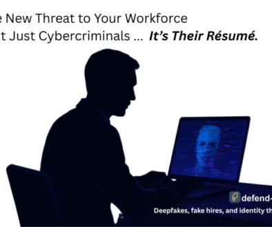 Silhouette of an HR professional reviewing a laptop screen showing a deepfake face, with headline text warning about cyber threats from fake résumés.