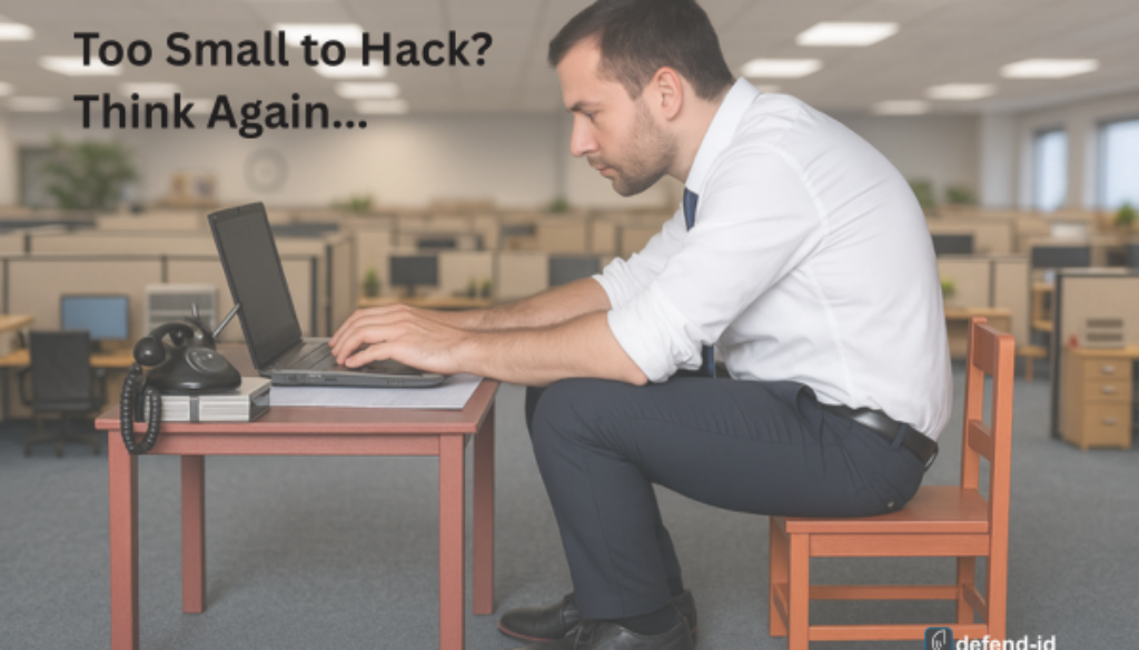 Businessman squeezed onto a child-sized chair at a tiny office desk, overlaid with the headline “Too Small to Hack? Think Again…” and the defend-id logo—symbolizing that small businesses are still prime targets for identity-theft attacks.
