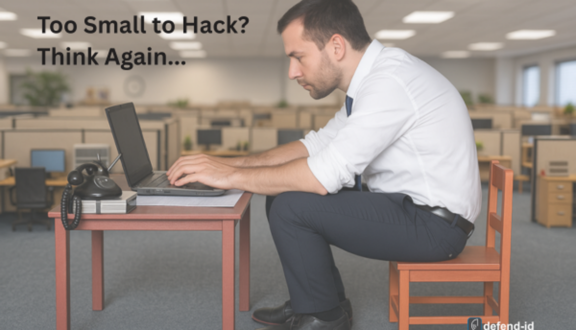 Businessman squeezed onto a child-sized chair at a tiny office desk, overlaid with the headline “Too Small to Hack? Think Again…” and the defend-id logo—symbolizing that small businesses are still prime targets for identity-theft attacks.