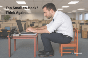 Businessman squeezed onto a child-sized chair at a tiny office desk, overlaid with the headline “Too Small to Hack? Think Again…” and the defend-id logo—symbolizing that small businesses are still prime targets for identity-theft attacks.