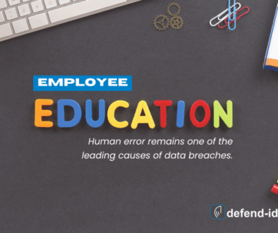 A workspace flat lay featuring colorful magnetic letters spelling “EDUCATION,” with the word “EMPLOYEE” above it in a blue label. A note below reads, “Human error remains one of the leading causes of data breaches.” Office supplies like notebooks, paperclips, and pens surround the text, with the defend-id logo in the corner.