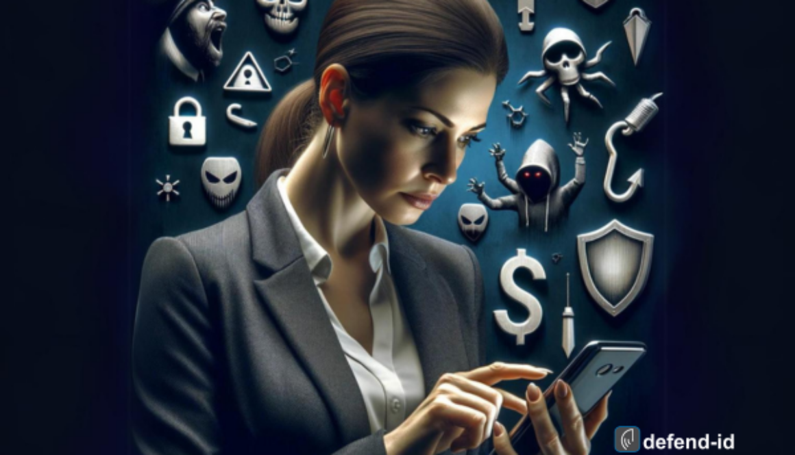 A person in business attire is engrossed in their smartphone, oblivious to the various symbols of digital threats surrounding them.