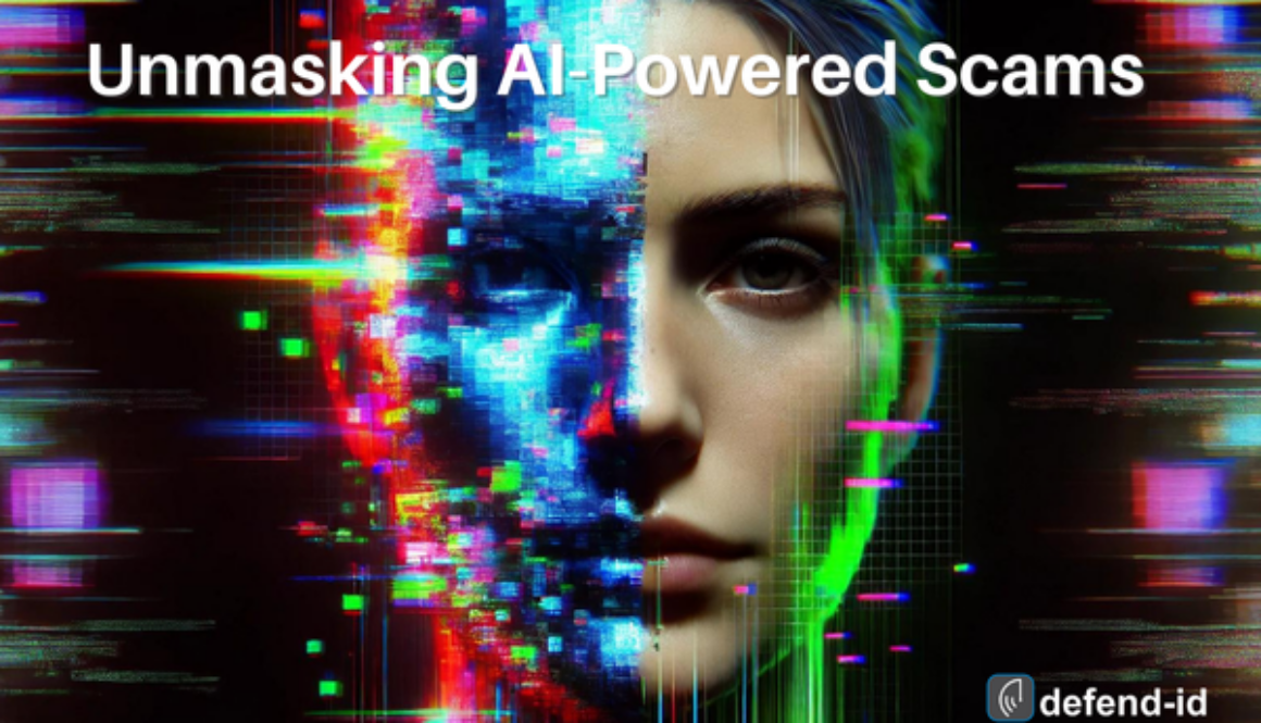 A human face glitching with vivid digital effects on one side, symbolizing AI manipulation. The image has the title 'Unmasking AI-Powered Scams' at the top and a small 'defend-id' logo in the bottom corner.