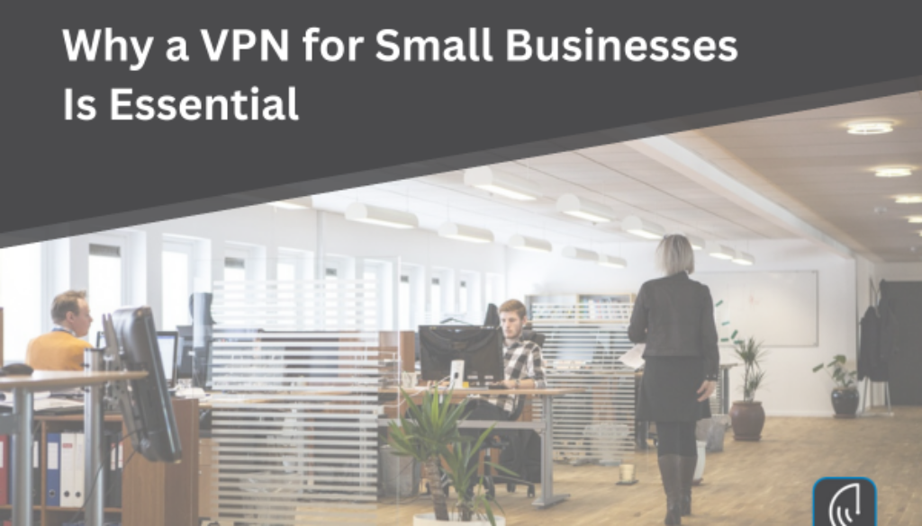 Modern office with employees working, representing small businesses using secure VPN technology.