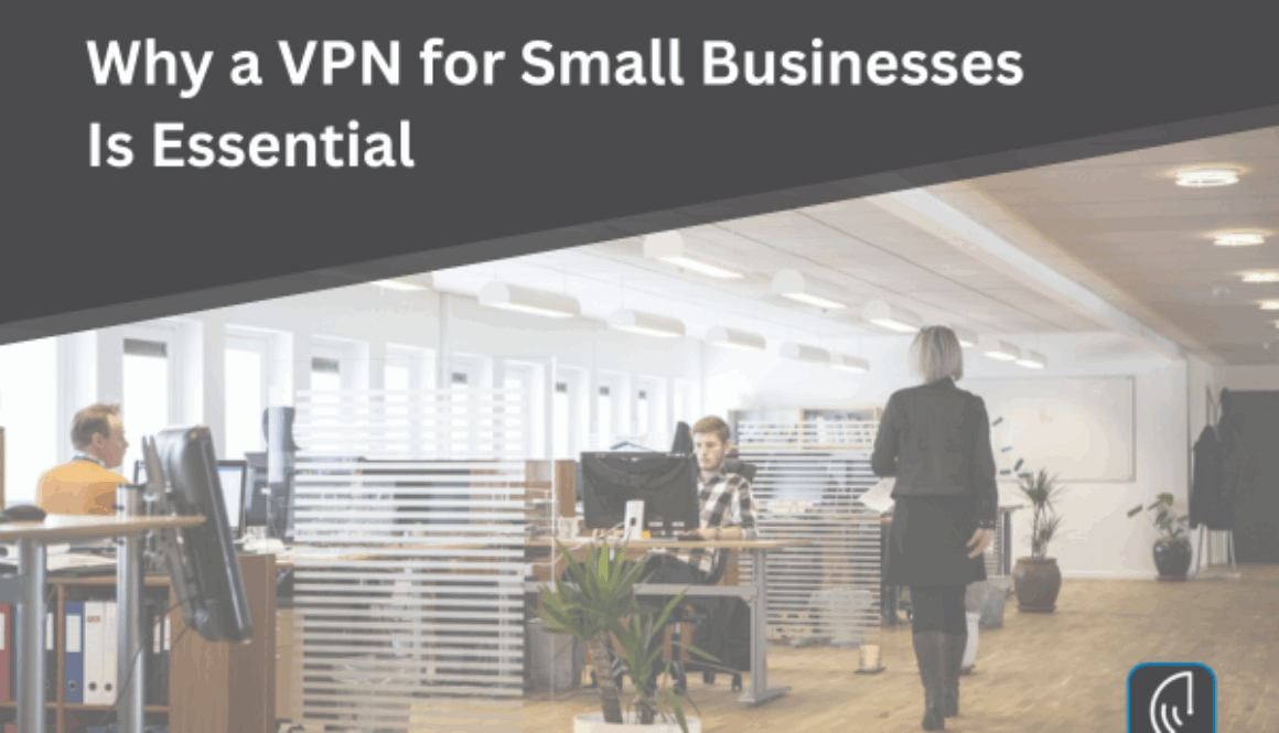 Modern office with employees working, representing small businesses using secure VPN technology.