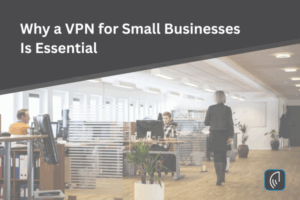Modern office with employees working, representing small businesses using secure VPN technology.