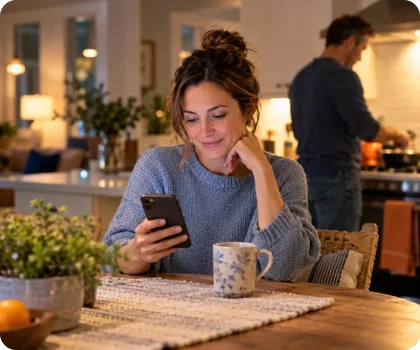 Employee relaxing at home, checking her phone with peace of mind, representing defend-id Comprehensive employee identity protection