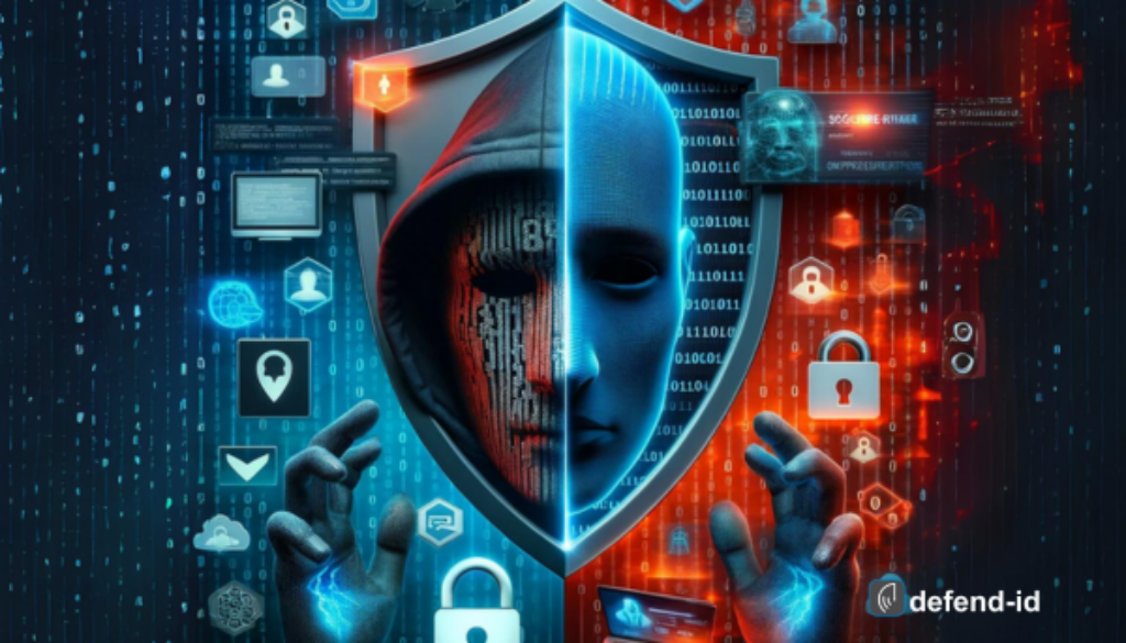 Depicting the multifaceted nature of technology, this image is a stark representation of cybersecurity. The upper half shows a protective digital realm with a clear, vibrant shield emblem set against a backdrop of intricate binary code. Realistic icons of encryption, facial recognition, and secure banking are interwoven with vividly rendered padlocks and streams of encrypted data, symbolizing robust digital defenses. A checkmark signifies secure verification, reinforcing the theme of safety.