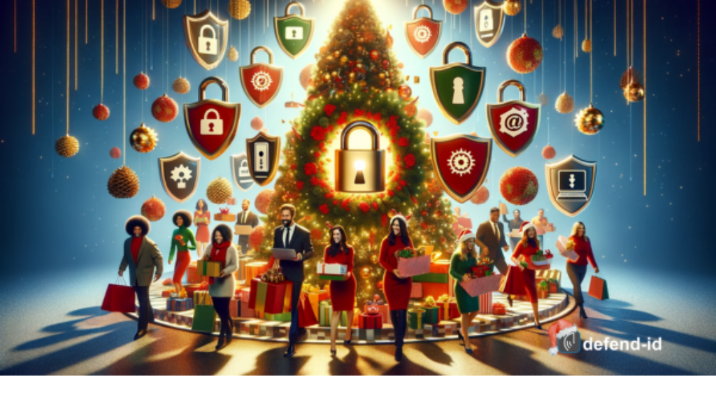 An imaginative and colorful scene depicting a secure and joyful holiday shopping experience. The image features a diverse group of people smiling and carrying shopping bags and gifts, standing near a beautifully decorated Christmas tree. They are surrounded by oversized, whimsical symbols of identity theft protection such as padlock icons, shields, antivirus software logos, and representations of strong passwords. The atmosphere is festive and safe, with a bright color palette of red, green, gold, and silver. The lighting is warm and inviting, adding a magical touch to the surreal and cartoonish tableau that creatively blends themes of holiday shopping, security, and happiness.