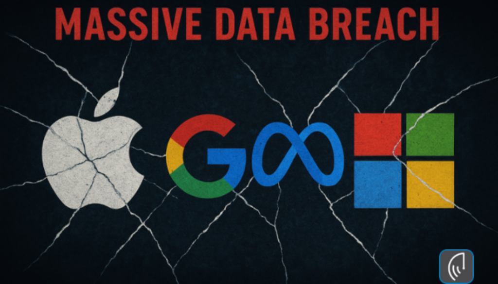 Cracked logos of Apple, Google, Meta, and Microsoft beneath bold red text reading “Massive Data Breach,” symbolizing the vulnerability caused by a major login credential exposure.