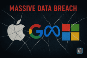 Cracked logos of Apple, Google, Meta, and Microsoft beneath bold red text reading “Massive Data Breach,” symbolizing the vulnerability caused by a major login credential exposure.