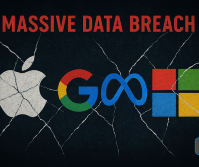 Cracked logos of Apple, Google, Meta, and Microsoft beneath bold red text reading “Massive Data Breach,” symbolizing the vulnerability caused by a major login credential exposure.